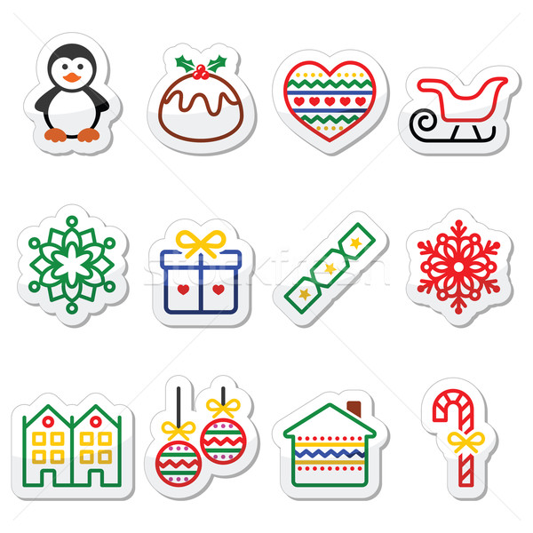 Christmas, winter icons with stroke - penguin, Christmas pudding Stock photo © RedKoala