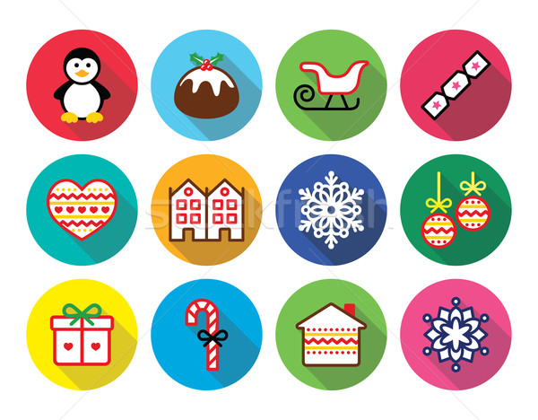 Christmas, winter flat design icons - penguin, Christmas pudding Stock photo © RedKoala