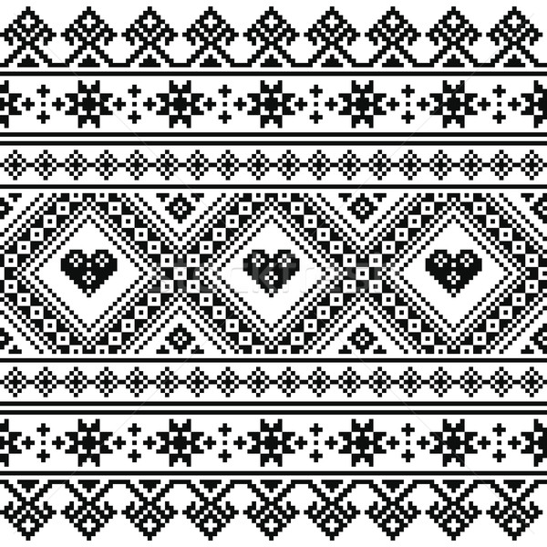 Traditional Ukrainian or Belarusian folk art knitted black embroidery pattern Stock photo © RedKoala
