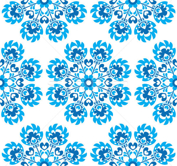 Stock photo: Seamless blue floral Polish folk art pattern - wzory lowickie, wycinanki   