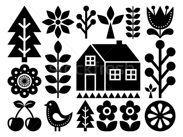 Scandinavian, Nordic folk art pattern - inspired by Finnish art, black and white Stock photo © RedKoala