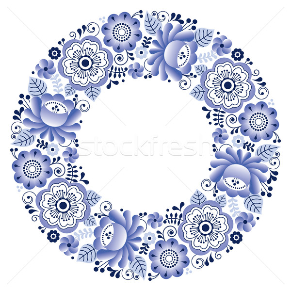 Russian ceramics Gzhel round folk art pattern - floral plate design Stock photo © RedKoala