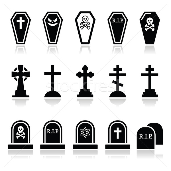 Halloween temető ikon szett koporsó kereszt sír Stock fotó © RedKoala