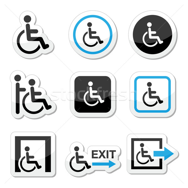 Man on wheelchair, disabled, emergency exit icons set Stock photo © RedKoala