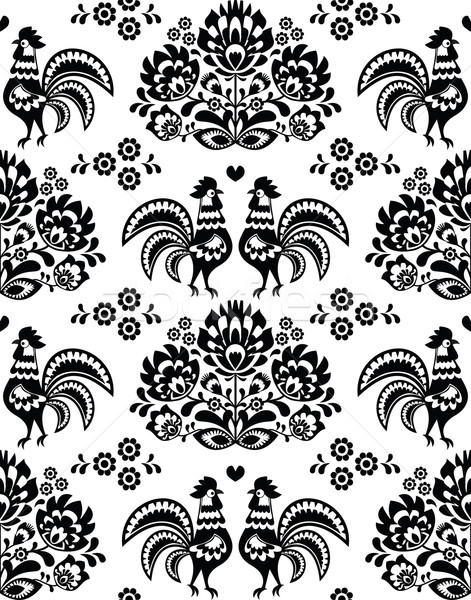 Seamless Polish, Slavic black folk art pattern with roosters - Wzory Lowickie, wycinanka Stock photo © RedKoala