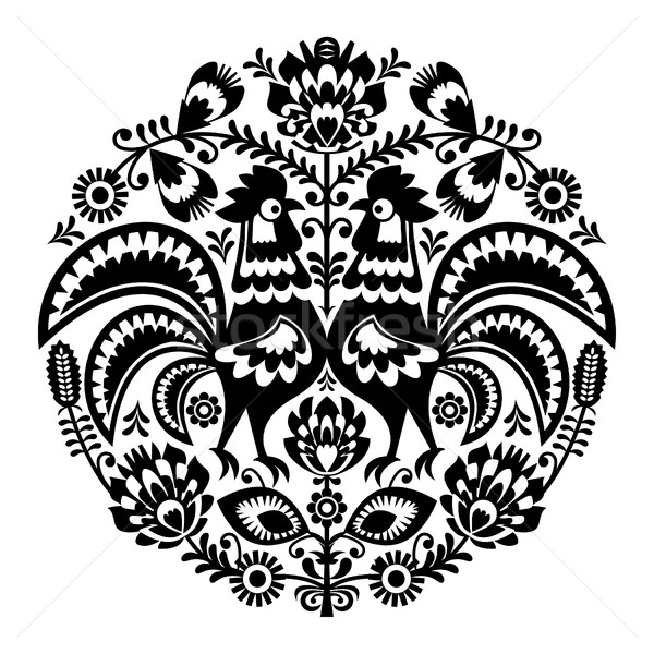 Polish folk art floral round embroidery with roosters, traditional pattern - Wycinanki Lowickie  Stock photo © RedKoala