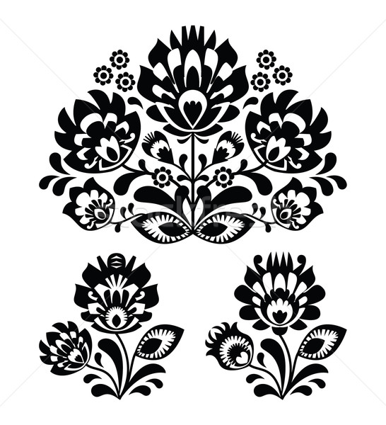 Folk embroidery with flowers - traditional polish pattern in monochrome Stock photo © RedKoala