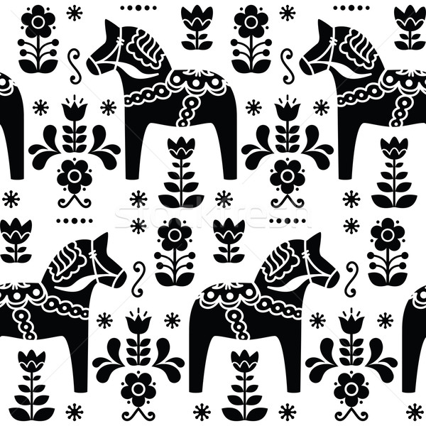 Swedish folk art Dala or Daleclarian horse seamless pattern in black  Stock photo © RedKoala