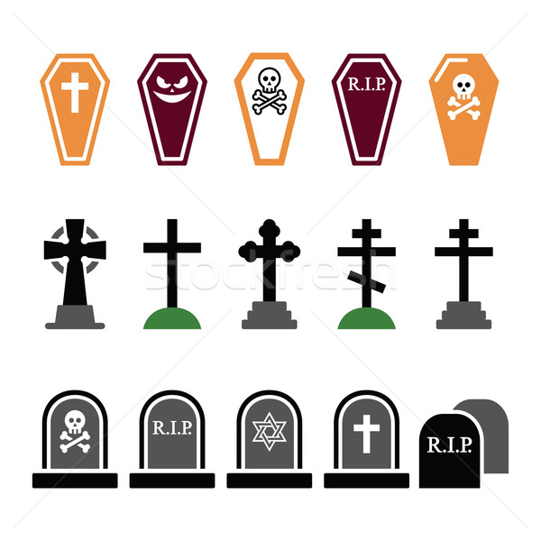  	 Halloween, graveyard colorful icons set - coffin, cross, grave  Stock photo © RedKoala