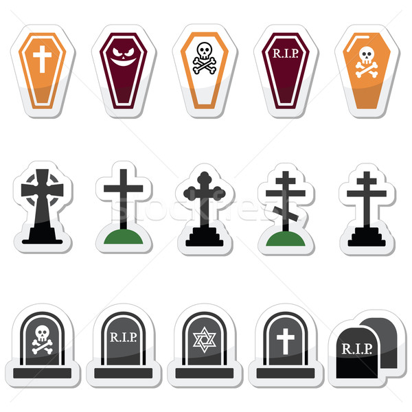 Stock photo: Halloween, graveyard icons set - coffin, cross, grave 