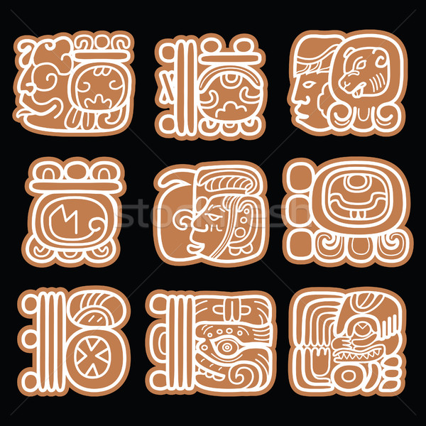  Mayan glyphs, writing system and languge vector design in brown Stock photo © RedKoala