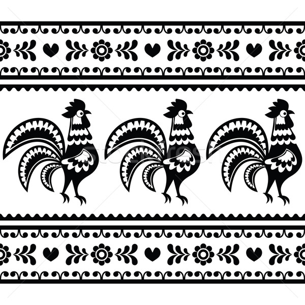 Seamless Polish monochrome folk art pattern with roosters - Wzory lowickie   Stock photo © RedKoala