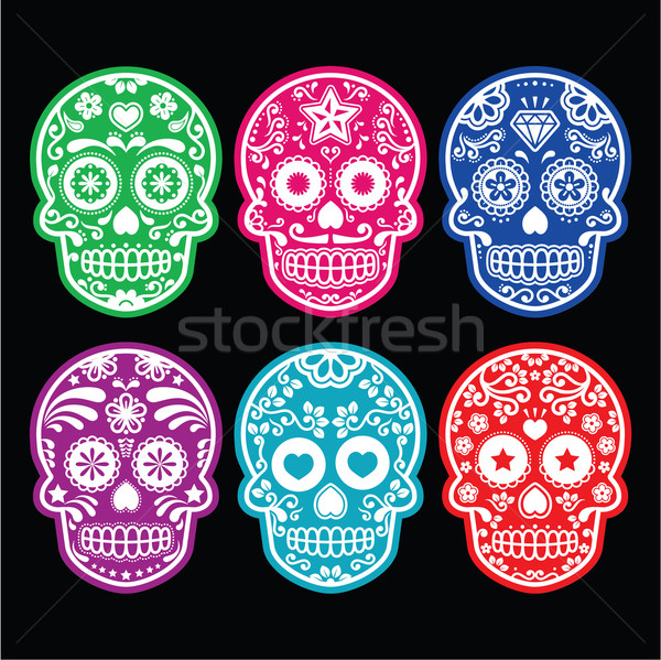 Stock fotó: Mexikói · cukor · koponya · színes · ikon · szett · fekete