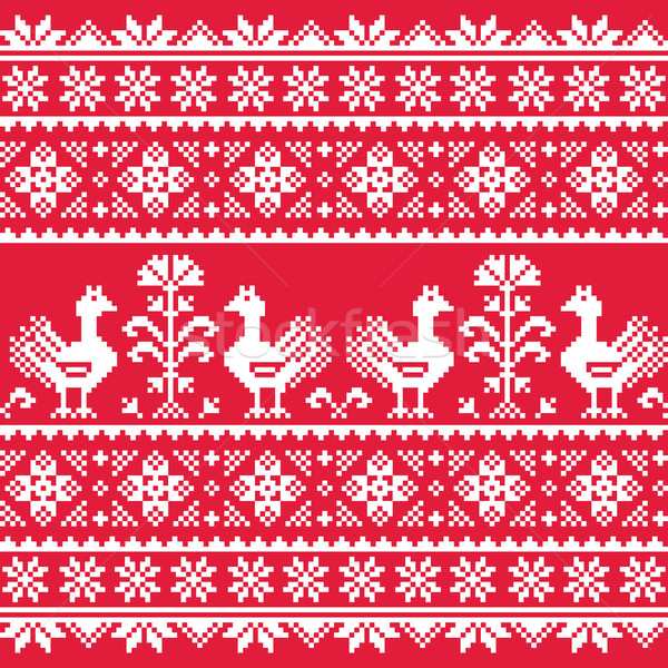 Ukrainian Slavic folk art knitted red emboidery pattern with birds Stock photo © RedKoala