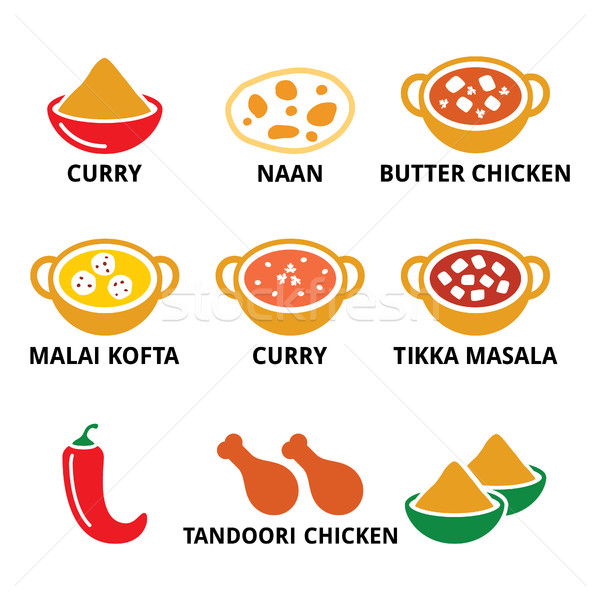 Indian food and dishes - curry, naan bread, butter chicken icons Stock photo © RedKoala
