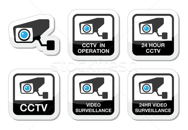 Cctv kamera videó megfigyelés ikon szett figyelmeztető jel Stock fotó © RedKoala