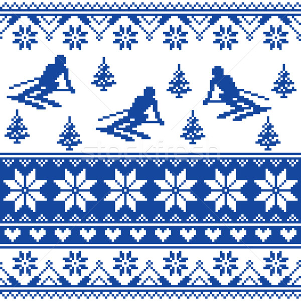 Winter knit pattern - man skiing - white and navy blue background  Stock photo © RedKoala