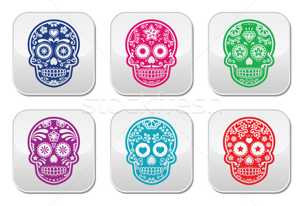 Stock photo: Vector buttons set of decorated skull in color - tradition in Mexico, icons isolated on white