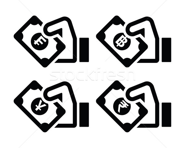 Hand with money icon - franc, baht, yuan, rupee symbols  Stock photo © RedKoala