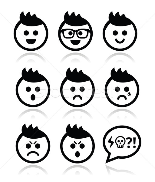 Stock photo: Man or boy with spiky hair faces icons set