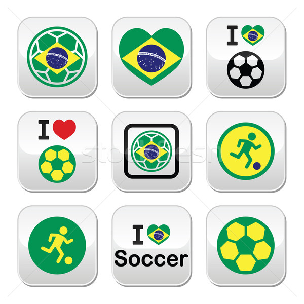 ストックフォト: フラグ · サッカー · サッカーボール · ボタン · セット · ブラジル