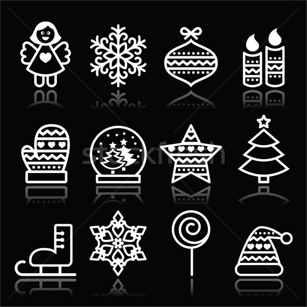 Stock photo: Christmas white icons with stroke on black 
