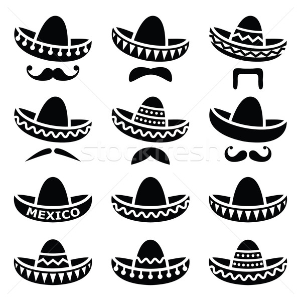 Mexicano sombrero seis bigode bigode ícones Foto stock © RedKoala
