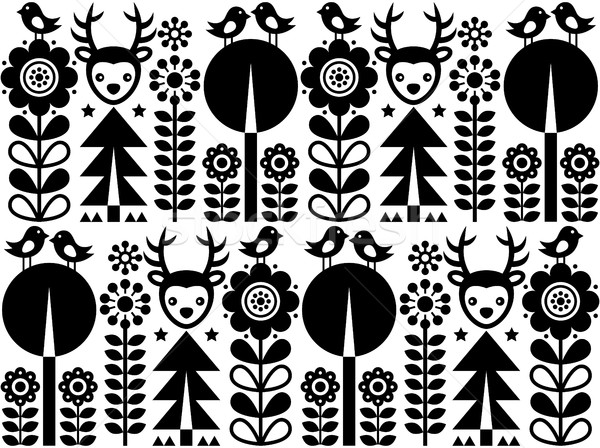 Scandinavian folk art pattern with flowers and animals, Finnish inspired design in black and white Stock photo © RedKoala