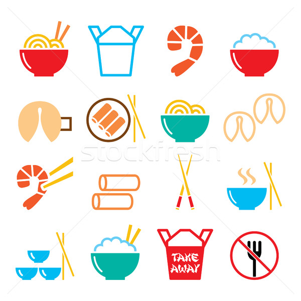 Chinese take away food icons - pasta, rice, spring rolls, fortune cookies Stock photo © RedKoala