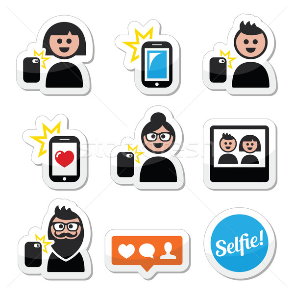 Man, woman taking selfie with mobile or cell phone icons set Stock photo © RedKoala