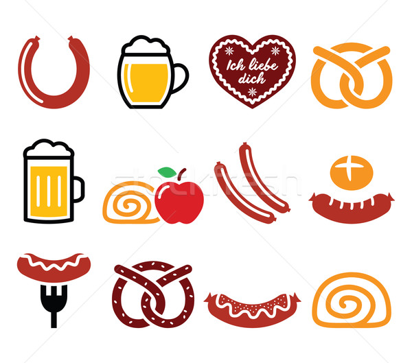 German, Octoberfest food - sausage, curry wurst, beer, pretzel, apple strudel Stock photo © RedKoala