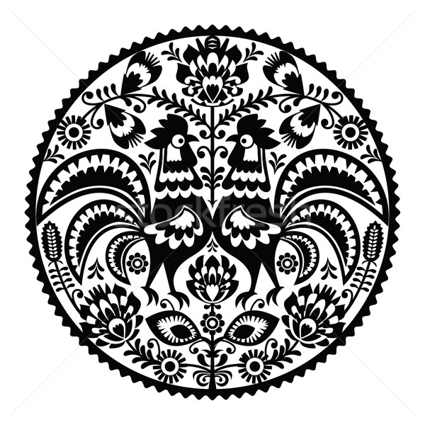 Polish floral embroidery with roosters - monochrome traditional folk pattern Stock photo © RedKoala