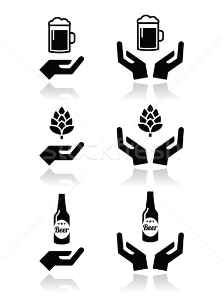 Beer bottle and glass, hops with hands icons set  Stock photo © RedKoala