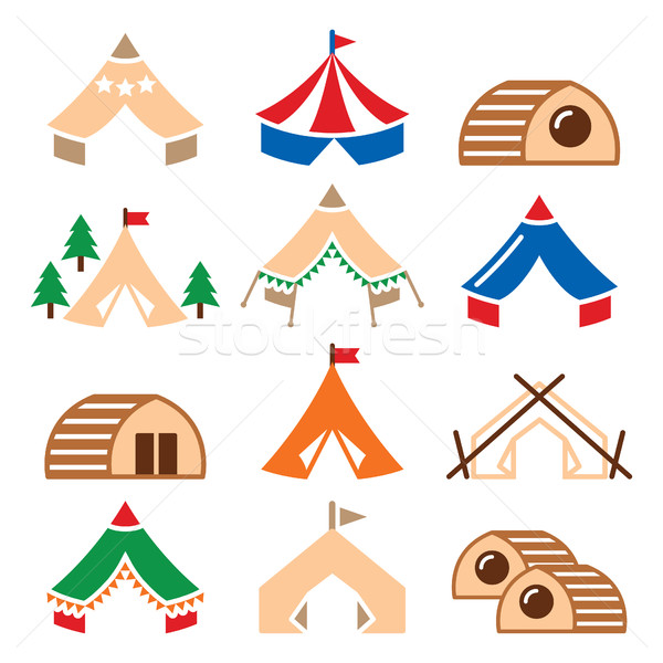 Glamping, luxurious camping tents and bambu houses icons set Stock photo © RedKoala