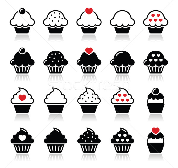 Stock photo: Cupcake with heart, cherry and sparkles icons set 