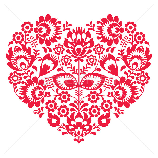  Valentines Day folk art red heart - Polish pattern Wzory Lowickie, Wycinanki Stock photo © RedKoala