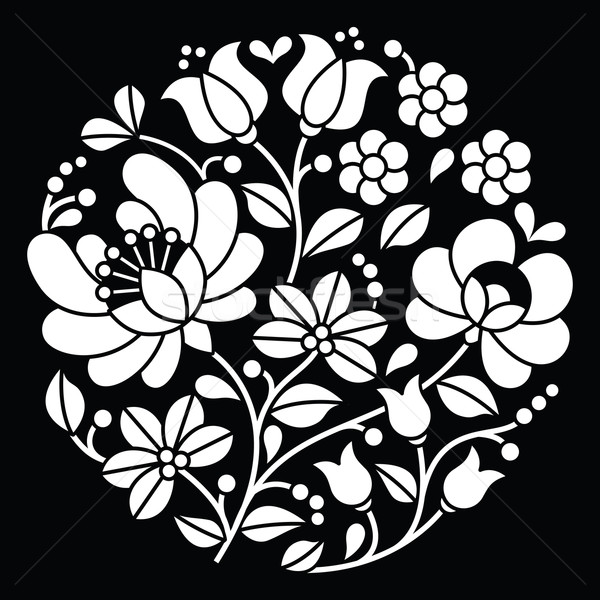 Kalocsai white embroidery - Hungarian round floral folk art pattern on black Stock photo © RedKoala