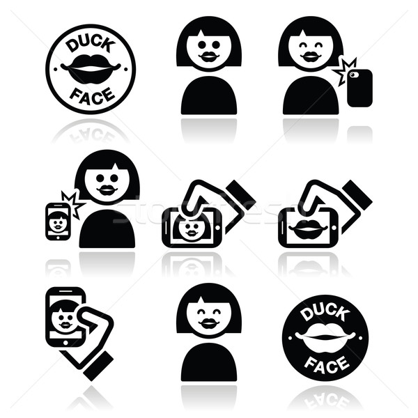 Duck face, girl taking selfie with smartphone icons set  Stock photo © RedKoala