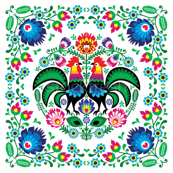 Polish floral folk art square pattern with rooster - wzory lowickie, wycinanki Stock photo © RedKoala