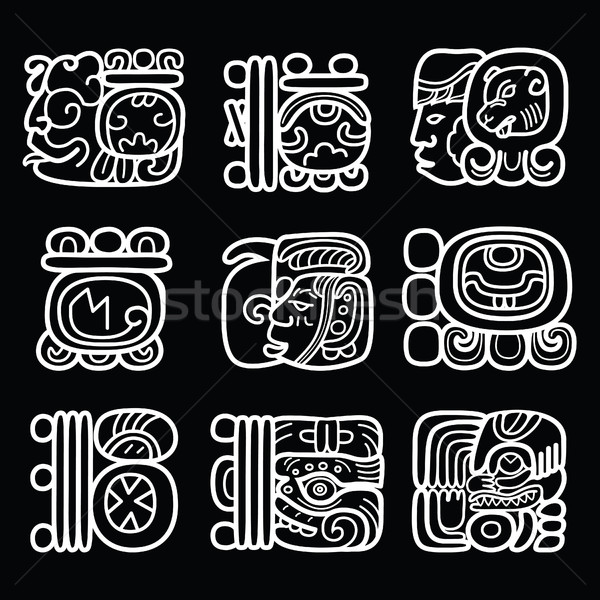 Maya glyphs, writing system and language vector design on black background Stock photo © RedKoala
