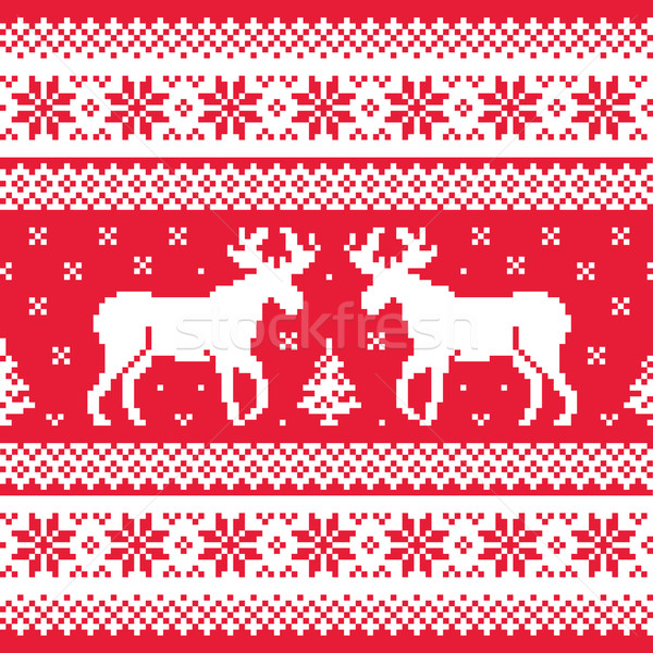 商業照片: 聖誕節 · 冬天 · 針織的 · 模式 · 馴鹿 · 紅色