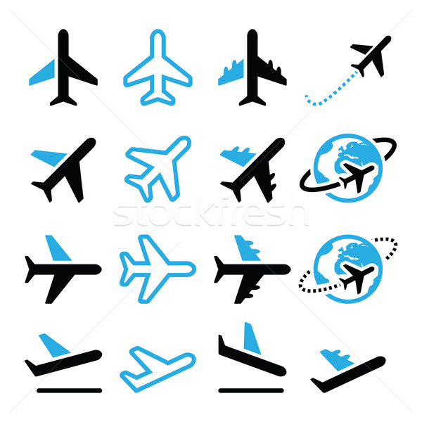 Plane, flight, airport  black and blue icons set Stock photo © RedKoala