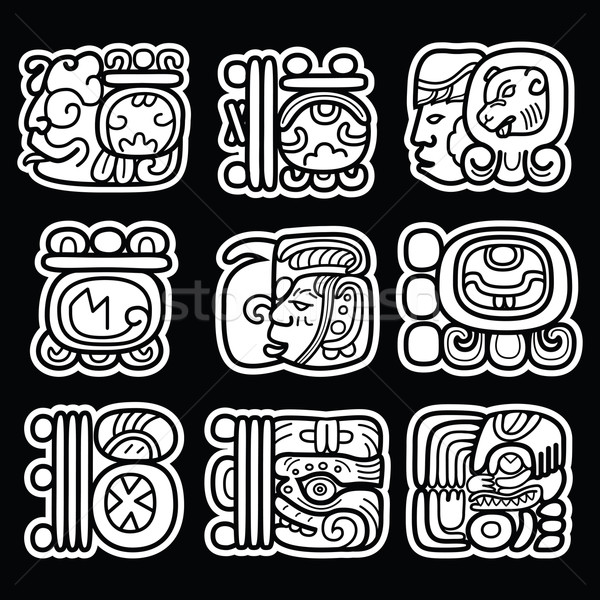 Maya glyphs, writing system and languge vector design  on black background Stock photo © RedKoala