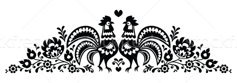 Polish floral folk art long embroidery pattern with roosters - Wzory Lowickie Stock photo © RedKoala