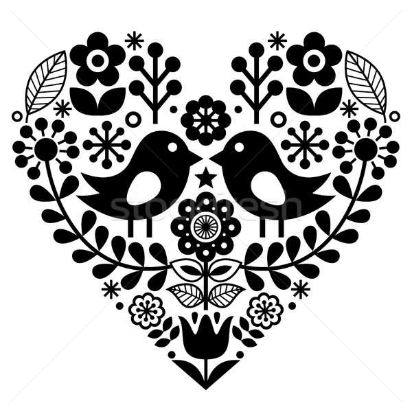 Folk art pattern with birds and flowers - Finnish inspired, Valentine's Day   Stock photo © RedKoala