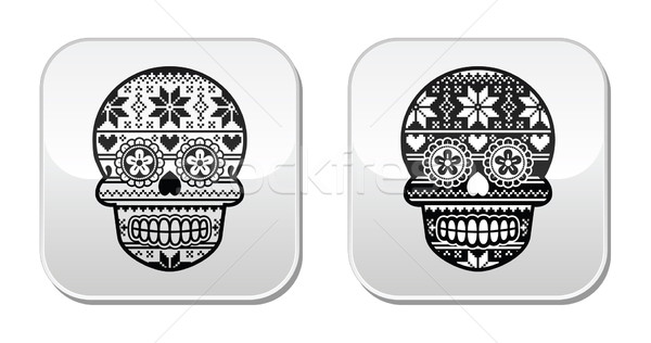 Mexican black sugar skull buttons with winter Nordic pattern  Stock photo © RedKoala