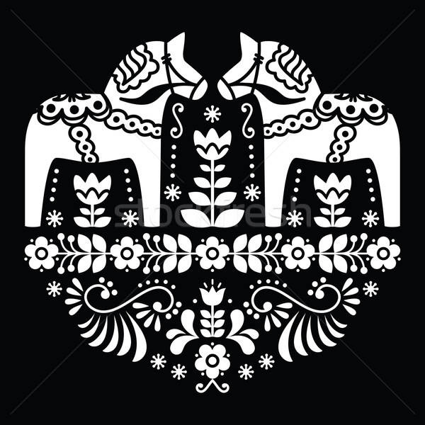 Swedish Dala or Daleclarian horse floral folk pattern on black Stock photo © RedKoala