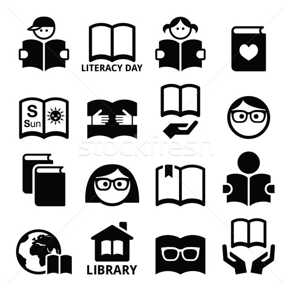 Children and adults reading books, International Literacy Day icons Stock photo © RedKoala