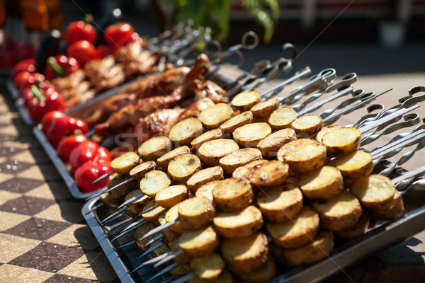 street vendor tray with vegetable and meat kebab Stock photo © restyler
