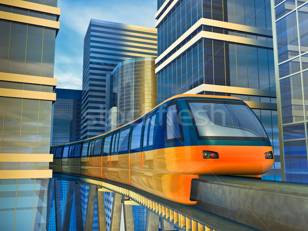 Monotrilho trem futurista arranha-céus edifício vidro Foto stock © reticent